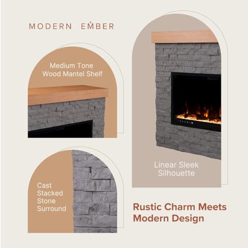 Modern Ember Wyman Linear Grey Stone Mantel Package with 50" Smart Electric Fireplace Heater Insert | Alexa/WiFi Enabled | Multi-Flame Colors & Brightness Modern Ember