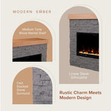Modern Ember Wyman Linear Grey Stone Mantel Package with 50" Smart Electric Fireplace Heater Insert | Alexa/WiFi Enabled | Multi-Flame Colors & Brightness Modern Ember