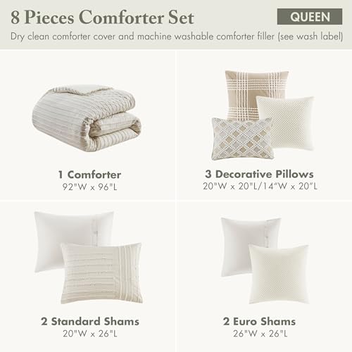 Madison Park Queen Comforter Set Clipped Jacquard Stripes with Buttons Boho Comforter for a Queen-Size Bed, Cotton Oversized Comforters with Removable Cover Boho Bedding, Queen Ivory 8 Piece Madison Park