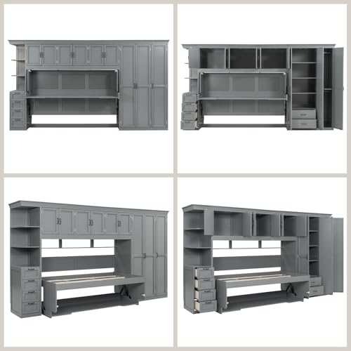 Merax Twin Size Murphy Bed with Desk, Multifunctional Wood Foldable Wall Bed with Wardrobe, Drawers and Cabinet, Space-Saving Hidden Bed for Guest Room Office, No Box Spring Needed, Grey Merax