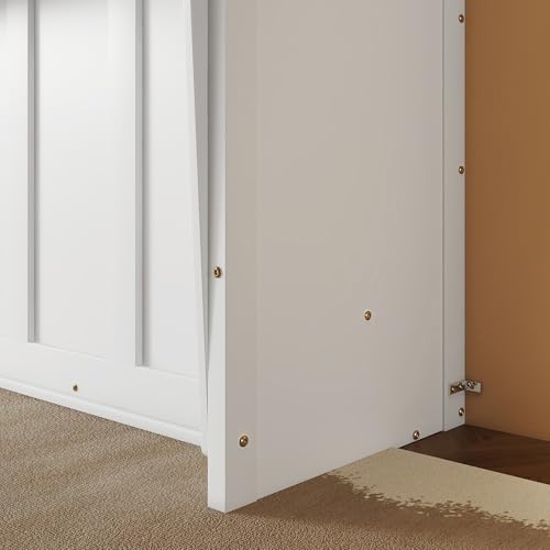 MERITLINE Queen Murphy Bed with Desk, Solid Wood Vertical Murphy Wall Bed Cabinet with Storage Shelves Space-Saving Hidden Bedframe (White,Queen) MERITLINE