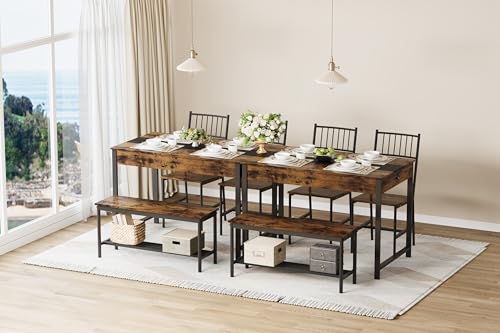 IDEALHOUSE Dining Table Set for 4, Small Kitchen Table and 2 Chairs for 4 with Bench, Breakfast Nook Rectangular Farmhouse Table Set, Space Saving Kitchen Table Set with Storage Drawers, Retro Brown IDEALHOUSE