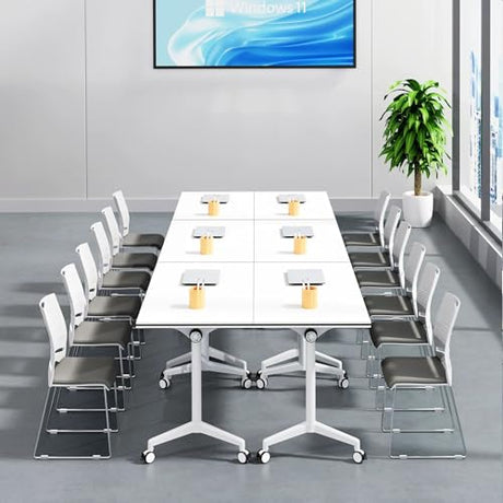 Conference Table 10.5FT Folding Office Computer Desk for Meeting Room, Conference Room Table for 8 People, Study Writing Podcast Tables White Training Tables with Wheels, 2PCS, 126"x23.6"x29.5" Bisonful