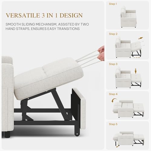 DWVO 55" Convertible Sofa Bed, 3-in-1 Sleeper Sofa with Pull-Out Bed, Linen Futon Couch with Adjustable Backrest and Side Pocket, Modern Loveseat for Living Room Apartment, Light Beige DWVO