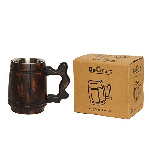 GoCraft Handmade Wooden Beer Mug with 18oz Stainless Steel Cup | Great Beer Gift Ideas Wooden Beer Tankard for Men | Vintage Bar accessories - Barrel Brown Classic Design - WoodArtSupply