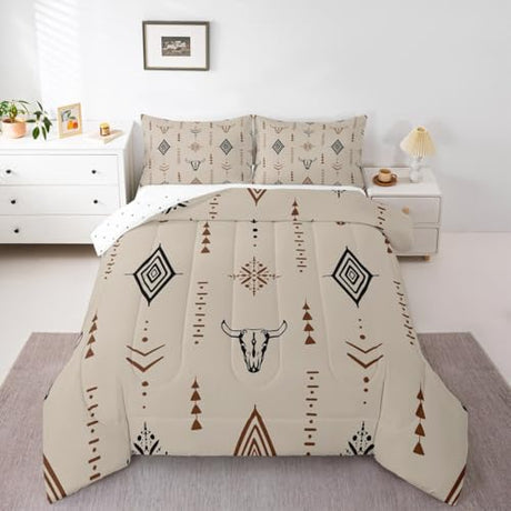 Erosebridal Bohemian Comforter Set Full Size Aztec Bull Skull Bedding Set for Adults Men Boys Aesthetic Art Native Comforter Retro Minimalist Symbol Quilt Abstract Horns Beige Brown Bedroom Decor Erosebridal