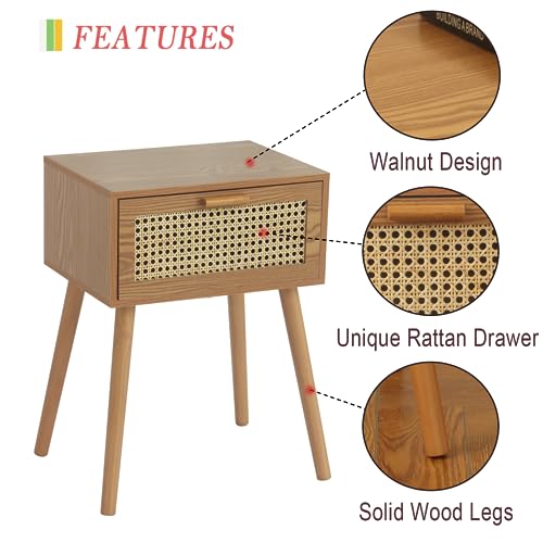 AWASEN Mid Century Nightstand, Rattan Side Table with Drawer, Modern Bedside Table with Storage and Solid Wood Legs for Living Room, Bedroom and Small Space (Brown) AWASEN