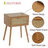 AWASEN Mid Century Nightstand, Rattan Side Table with Drawer, Modern Bedside Table with Storage and Solid Wood Legs for Living Room, Bedroom and Small Space (Brown) AWASEN
