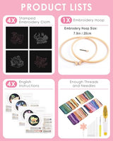 TINDTOP 4 Pack Embroidery Kit for Adult Beginners, Embroidery DIY Starter Kit, with Ocean Shell Stamped Patterns, Hoop, Tools, Colorful Threads with Needles, Instructions