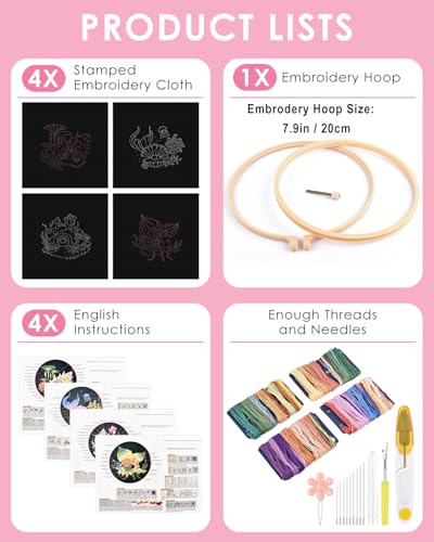 TINDTOP 4 Pack Embroidery Kit for Adult Beginners, Embroidery DIY Starter Kit, with Ocean Shell Stamped Patterns, Hoop, Tools, Colorful Threads with Needles, Instructions TINDTOP