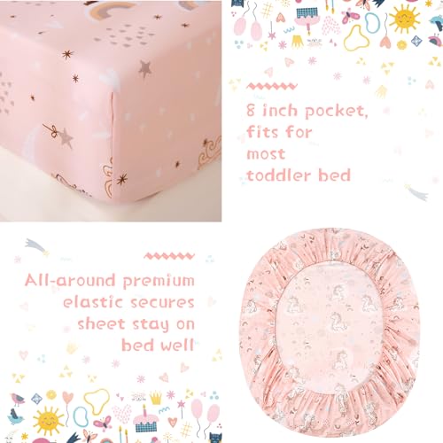 JSD Pink Unicorn Toddler Bedding Set, 4 Piece Bed-in-a-Bag Toddler Microfiber Comforter Sheet Set, All Season Machine Washable JSD