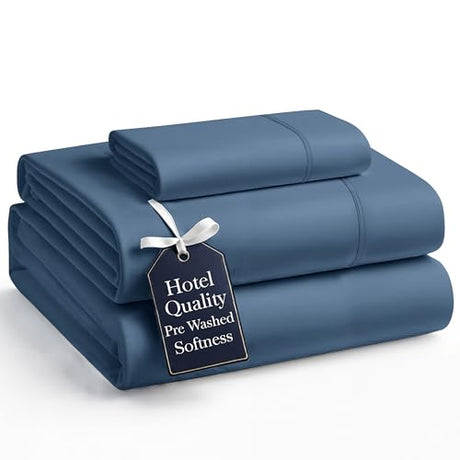 Casa Platino Bedding Sheets & Pillowcases, 3 Piece Set, Pre-Washed Fade Resisitant Cozy Twin Bed Set, 100% Hydro-Brushed Microfiber, Twin Sheet fits up to 15 inch Mattress- Estate Blue Casa Platino