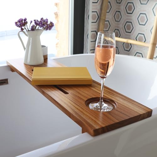 Fjord Teak Bathtub Tray - Towel & Gift Box Bundle - Sustainable Minimalist Wood Bath Tray for Tub - Fits Standard Bathtubs - Relaxing Bathtub Accessories Holder - Bath Caddy 29x8.5 in. Alma Japandi
