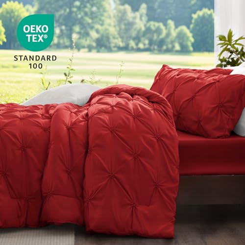 BEDELITE Red Queen Comforter Set - 3 Pieces Boho Pintuck Bedding Comforter Sets, Lightweight Soft & Warm Bed Comforter Queen with 2 Pillowcases for All Season BEDELITE