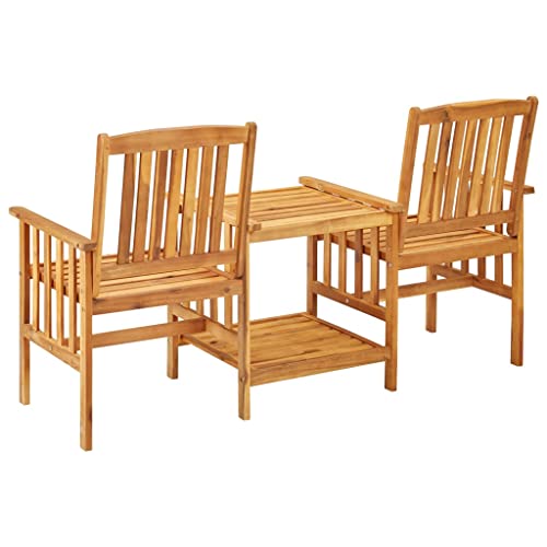 vidaXL Farmhouse Style Patio Bistro Set with Tea Table - Comfortable Outdoor Furniture with Cushions, Rustic Solid Acacia Wood Construction, Easy Assembly - WoodArtSupply