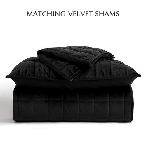 EVERGRACE Pearl Velvet Quilt Full Queen Size Bedding Sets, Luxurious Soft Velvet Comforter Set, Lightweight Box Stitching Oversized Bedspread Coverlet for All Season, with 2 Shams, Black EVERGRACEHOME