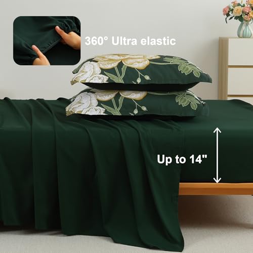 Luxudecor Floral Comforter Set Queen Size 7 Pieces Bed in a Bag,Beige Flower Print on Dark Green Bedding Set,Soft Microfiber Bedding Set for All Season (Dark Green,90"x90") Luxudecor