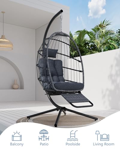 SWITTE Egg Chair Outdoor with Footrest & Stand, Indoor Wicker Hanging Egg Swing Hammock Chair with Cushion for Patio, Bedroom, Garden - Dark Gray SWITTE