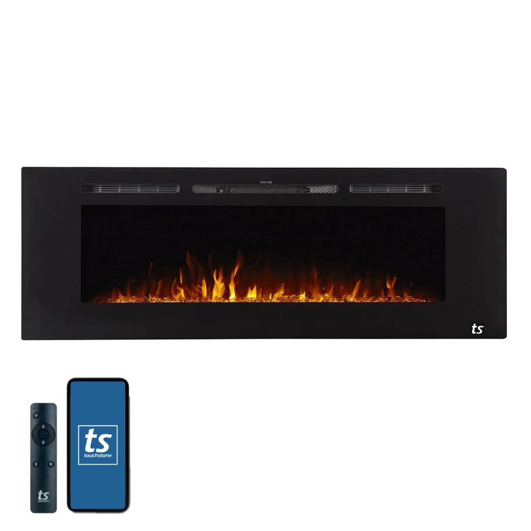 Touchstone Smart Electric Fireplace-The Sideline® 60 Inch Wide-in Wall Recessed-30 Realistic Ember Color/Flame Options-1500W Heater w/Thermostat-Black-Log & Crystal Hearth Options -Alexa/WiFi Enabled