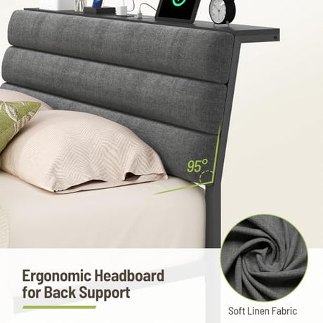 STHYTON Floating Bed Frame Queen, Platform Bed with LED Lights & Charging Station, Ergonomic Storage Headboard, Heavy Duty Metal Slats, No Box Spring Needed, Easy Assembly, Dark Gray STHYTON