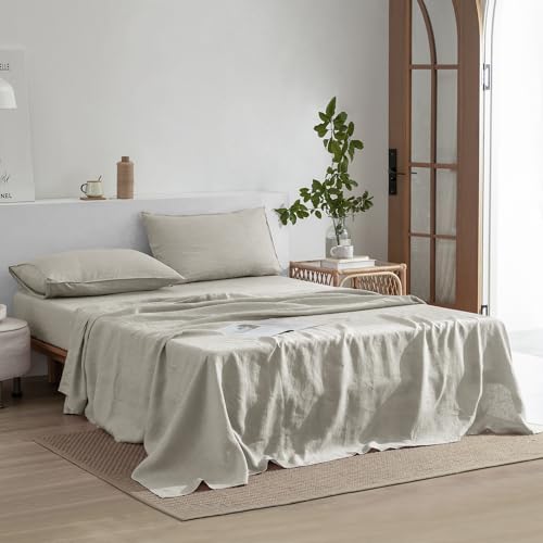 EVERLY Linen Sheets Set Twin Size,100% French Pure Linen Sheets Set,3Pieces (1Flat Sheet,1Fitted Sheet,1Pillowcase) Suitable for Hot Sleepers, Stonewash Not Dyed Deep Pocket Natural Linen Bedding Set EVERLY