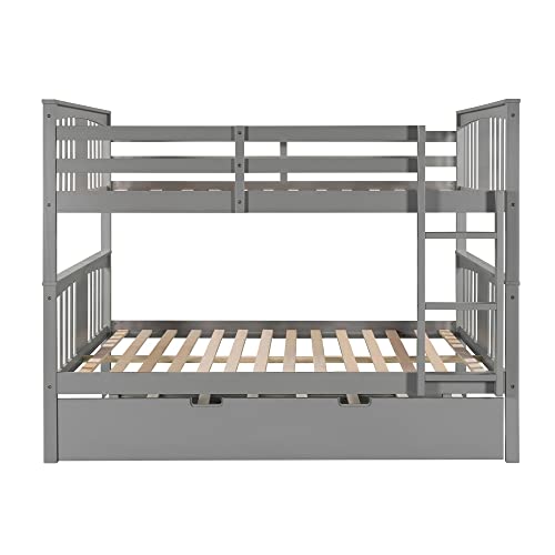 Merax Full Over Full Bunk Bed with Trundle, Convertible to Two Separate Beds, Solid Pine Wood Frame with Safety Guardrail & Headboard/Footboard, Sturdy Durable Design, No Box Spring Needed, Grey Merax