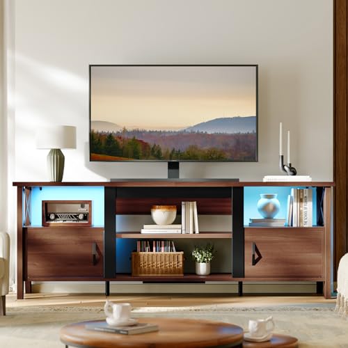 Bestier Farmhouse TV Stand for 70 inch TV, Gaming Entertainment Center with LED Lights, TV Console with 2 Storage Cabinets and Shelf for Living Room, 63'' Inch, Ancona Walnut Bestier