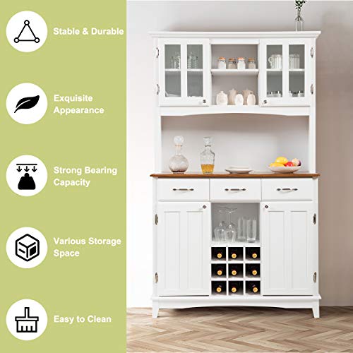 Giantex Buffet Hutch Cabinet, Kitchen Hutch Sideboard, Buffet Cabinet on Storage Island, Wood Kitchenware Server with 3 Large Drawers and 9 Wine Bottle Modules (White) Giantex
