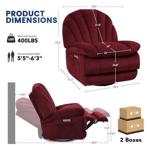 EONIX Dual Motor Power Swivel Rocker Recliner Chair for Living Room, Power Adjustable Backrest and Extended Footrest, Shell Shape Recliner Chair with USB Charging Ports, SXXY004021, Burgundy
