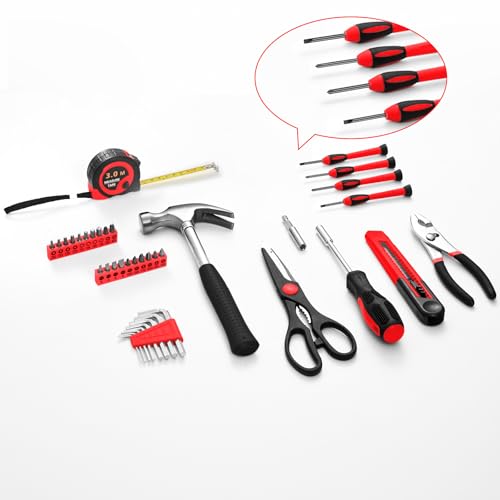 39 Piece All Purpose Household Red Tool Kit Small Basic Home Tool Set with Toolbox Great for Home, Garage, Office and College Dormitory Use, DIY and Crafts HANGYING