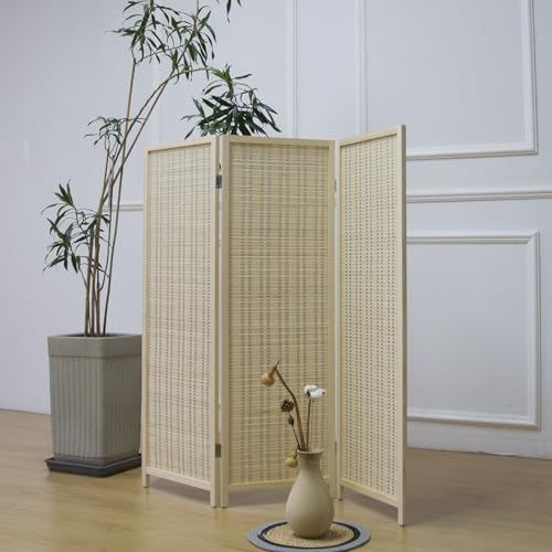 Furnnylane 3 Panel Short Room Divider Screen,Beige Freestanding Partition,Small Bamboo Panel Divider for Room Seperation,3.95 FT Tall Furnnylane