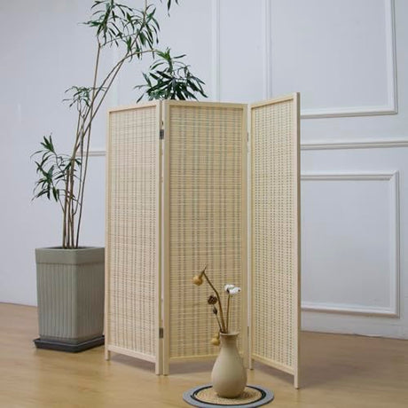 Furnnylane 3 Panel Short Room Divider Screen,Beige Freestanding Partition,Small Bamboo Panel Divider for Room Seperation,3.95 FT Tall Furnnylane