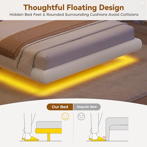 MapleGrace Full Size Floating Bed Frame with LED Lights, Velvet Upholstered Bed Frame with Headboard, Rounded Corners, Charging Station, No Box Spring Needed, Easy Assembly, White MapleGrace