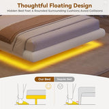 MapleGrace Full Size Floating Bed Frame with LED Lights, Velvet Upholstered Bed Frame with Headboard, Rounded Corners, Charging Station, No Box Spring Needed, Easy Assembly, White MapleGrace