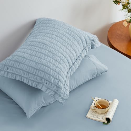 Love's cabin Seersucker Light Blue Twin Comforter Set, 5-Piece All Season Lightweight Bed in a Bag Bedding Set with Comforter, Flat Sheet, Fitted Sheet, Pillowcase and Sham Love's cabin
