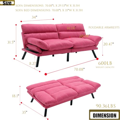 Modern Linen Velvet Convertible Folding Futon Couch Sofa Bed Adjustable Pillow Top Arm Memory Foam Couch Double Loveseat Sofa for Compact Living Space,Dorm,Game Studio,Apartment,Bedroom (Rose Red) Klwenas Maec