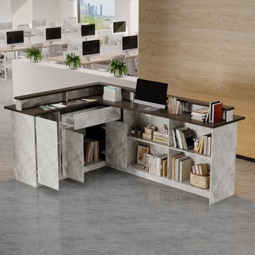 HOMSETTIE 94.5" W Reception Desk with Counter and LED Lights, Modern L-Shaped Front Desk with Drawer & Shelves, Checkout Counter for Reception Room, Retail, Salon, Bar HOMSETTIE