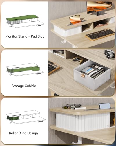 JOY worker Small Electric Standing Desk, 35" x 25" Height Adjustable Desk with Built-in Monitor Stand & Storage Drawer, White Sit Stand Desk with 2 Hooks for Home Office, Light Walnut JOY worker