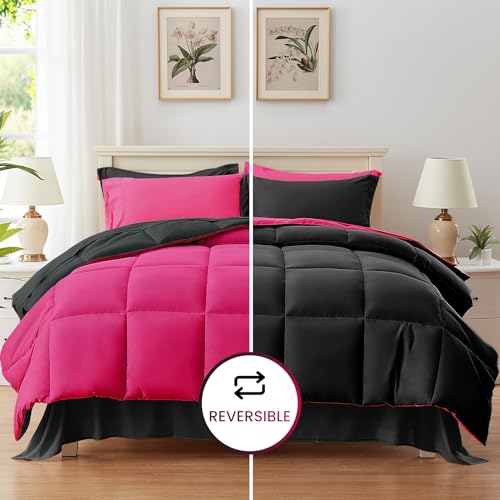 Anluoer King Comforter Set,Hot Pink&Black Bed in a Bag 7 Piece,Lightweight Bedding Set with Soft Down Alternative Fill,Bed Set Includes Comforter, Fitted Sheet, Flat Sheet,Pillowcases and Shams Anluoer