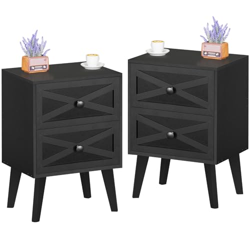 Lerliuo Nightstand Set of 2, Black End Table with 2 Drawers Barn Door Decorated, Mid Century Modern Night Stand, Bed Side Table with Storage, Solid Wood Legs Cabinet Dresser for Living Room, Bedroom Lerliuo
