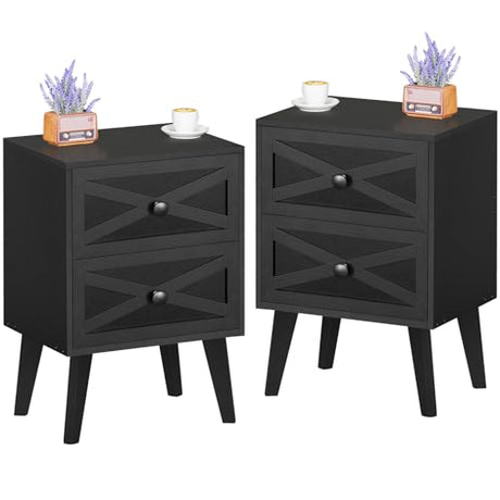 Lerliuo Nightstand Set of 2, Black End Table with 2 Drawers Barn Door Decorated, Mid Century Modern Night Stand, Bed Side Table with Storage, Solid Wood Legs Cabinet Dresser for Living Room, Bedroom Lerliuo