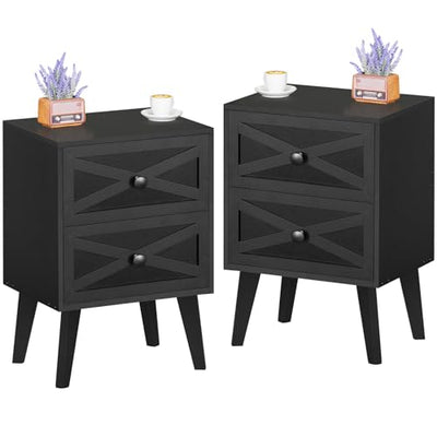 Lerliuo Nightstand Set of 2, Black End Table with 2 Drawers Barn Door Decorated, Mid Century Modern Night Stand, Bed Side Table with Storage, Solid Wood Legs Cabinet Dresser for Living Room, Bedroom