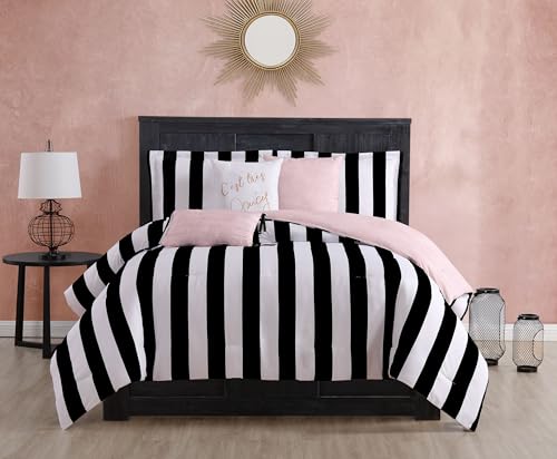 Juicy Couture Cabana Stripe Reversible Bedding Set - Queen Size - Black and White Stripe Print – 6 Piece Set – Includes 1 90" x 90" Comforter, 3 Decorative Pillows, 2 Shams Juicy Couture