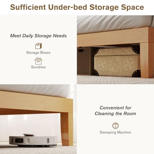 Sweetcrispy Solid Wood Bed Frame, Queen Size Bed Base with Wood Slat Support, Sturdy, Stylish & Noise-Free Design, No Box Spring Needed, Easy Assembly, 12 in Natural Pine Sweetcrispy
