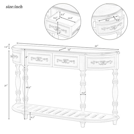 Amposei Retro Wood Curved Console Table 52-Inch Half Moon Hall Sofa Table Entryway Table with Drawers & Shelf for Living Room Home Furniture (Antique Blue) Amposei