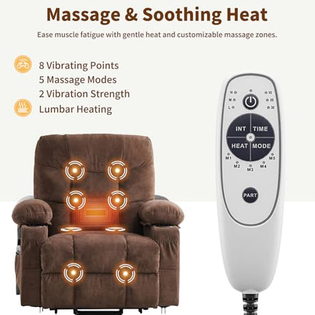 PoteSoar Power Lift Recliner Chair for Elderly with Massage and Heat, Comfortable Electric Power Reclining Chair with Side Pockets,2 Cup Holders and USB Charging Port for Living Room (Dark Brown) PoteSoar