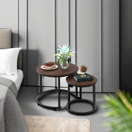 aboxoo Coffee Table Nesting Side Round Set of 2 End Table Top Sturdy Metal Frame Desk Centerpiece Living Room Bedroom Apartment Modern Industrial Simple Nightstand aboxoo