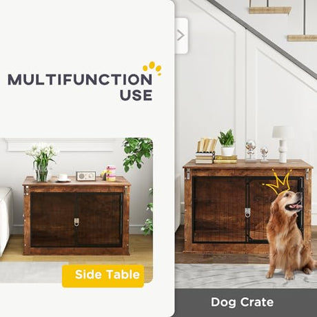 PawHut 39" Dog Crate Furniture with Flip-up Top Opening, Decorative Dog Kennel Furniture Side Table with 2 Doors for Large Breeds, Rustic Brown PawHut