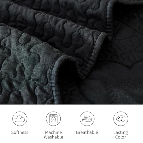 Cmfshape Floral Embroidery Quilt Set,3 Pieces Queen Quilt Bedding Set,Classic Diamond Pattern Quilts,Ultra Soft Lightweight Reversible Bedspread Coverlets for All Season(Black,90"x90") Cmfshape
