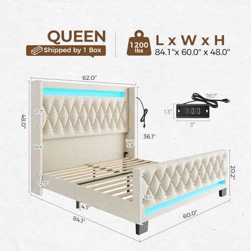Rolanstar Queen Bed Frame with LED Light and Charging Station, Upholstered High Headboard and Footboard, Wood Slats, Noise Free, Easy Assembly, Beige Rolanstar